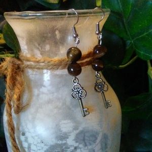 Dangle Earrings -Tiger's Eye w/ key to happiness
